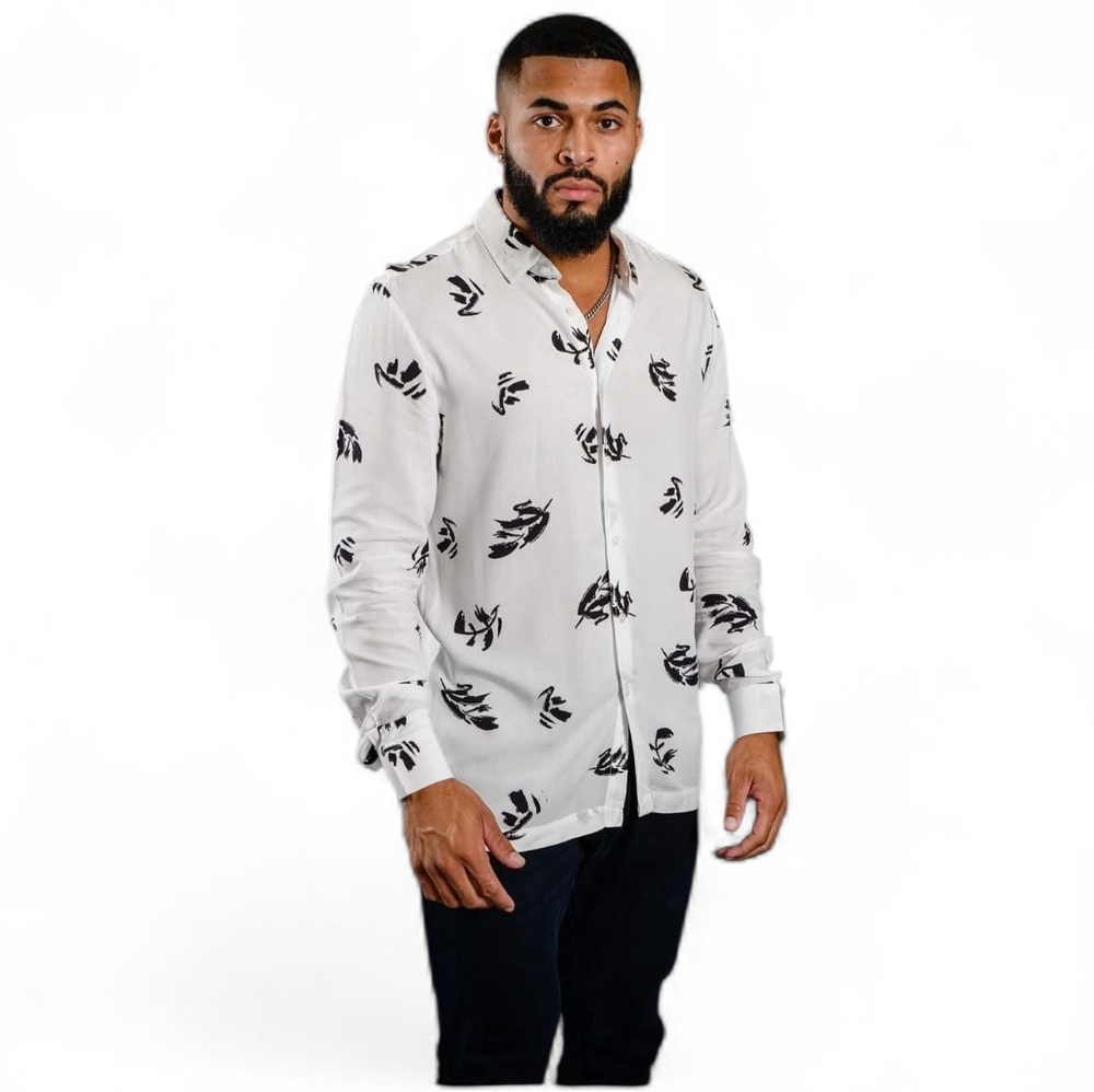 YoungLA Men's White Long-Sleeve Button-Up Shirt with Black Print
